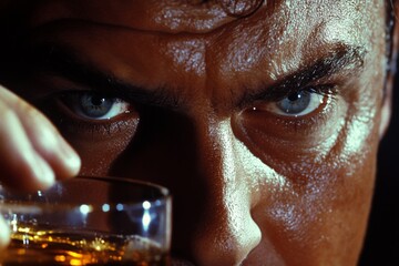 A striking close-up of a man with a powerful gaze holding a drink, capturing an intense moment that reflects mystery, intrigue, and a captivating narrative within the image.