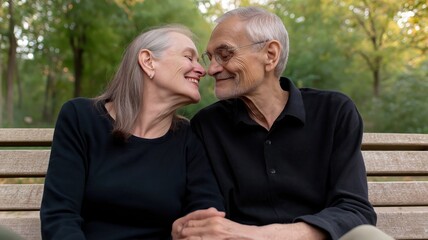 Fototapeta premium Elderly couple enjoying a romantic moment in the park, showing affection and connection in their golden years