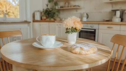 Fototapeta premium Warm cappuccino and a delicious pastry resting on a wooden kitchen table, basking in sunlight next to orange dahlias, create a cozy breakfast scene