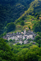 Corippo vilage on the slopes of the Verzasca valley during sunset, Switzerland