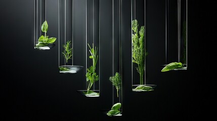   A cluster of air-hanging plants surrounded by water in front and additional greenery in the background