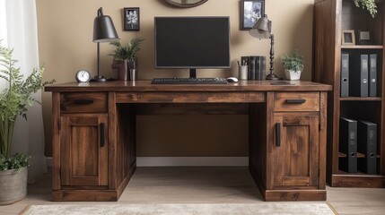 Rustic Farmhouse Wooden Desk with Computer Setup