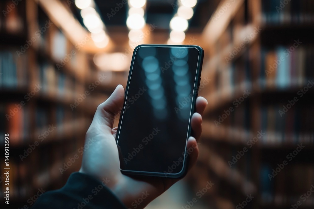 Poster a close-up of a hand holding a smartphone showing a blurred background of bookshelves, emphasizing t