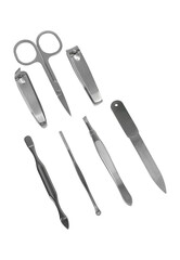 Nail clippers and metal manicure set, isolated png background.