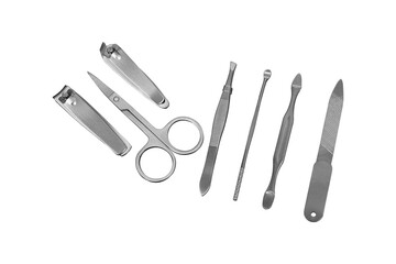 Nail clippers and metal manicure set, isolated png background.