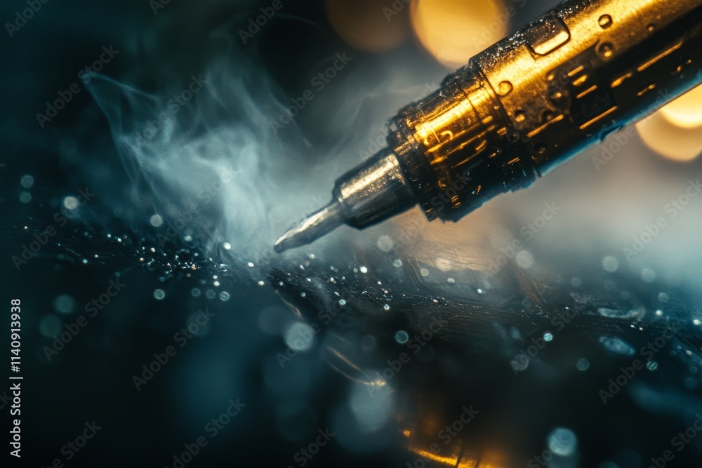 Poster an elegantly captured soldering tool amidst a backdrop of glistening vapors on a surface, showcasing