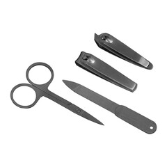 Nail clippers and metal manicure set, isolated png background.