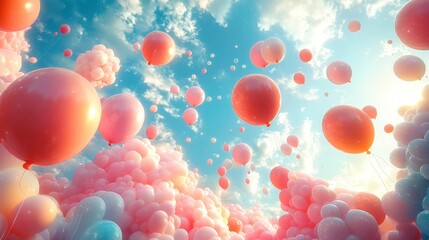 Fototapeta premium Pastel balloons float, sunny sky.