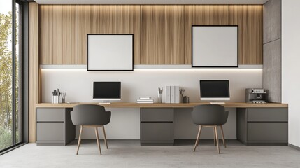 Modern Home Office Design with Wooden Walls and Grey Desk