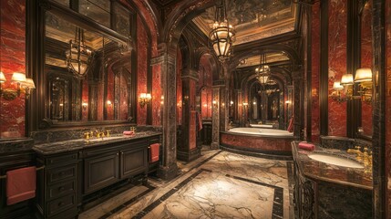 Luxurious bathroom featuring marble and ornate decor.