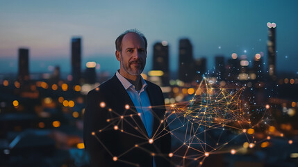 Fototapeta premium Abstract businessman stands on the peak of success Smart digital city with connection cyber security network reciprocity over the cityscape future wireless digital city and social media networking