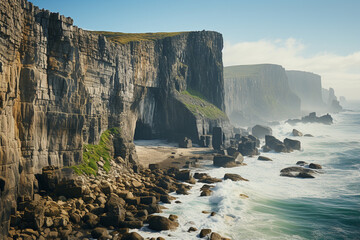 convergence of towering cliffs and vast ocean manifests an awe-inspiring spectacle, as ceaseless...