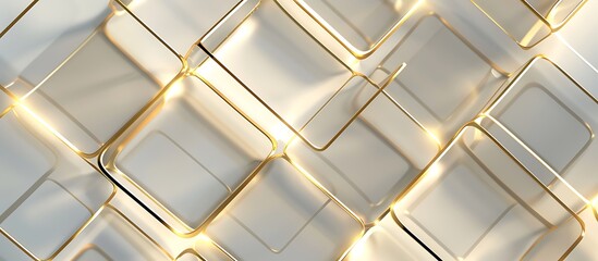 Elegant geometric shapes in an abstract background, highlighted by gold lines and shadows. Transparent squares create a modern luxury pattern with rounded squares.