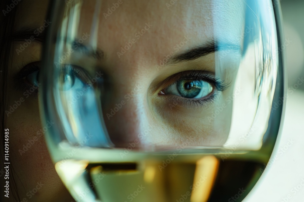 Poster a close-up view of a woman's striking eyes seen through a transparent glass, creating an intriguing 