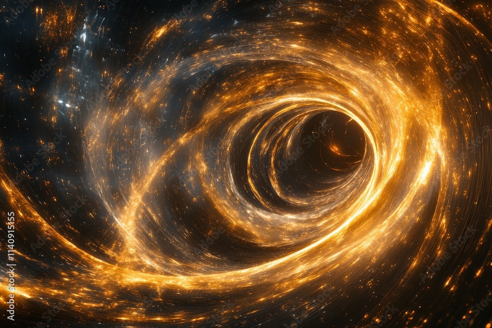 Poster an abstract representation of a cosmic vortex, featuring glimmering golden lights swirling into a ca