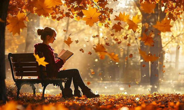 Woman reading a book on a park bench surrounded by falling autumn leaves.