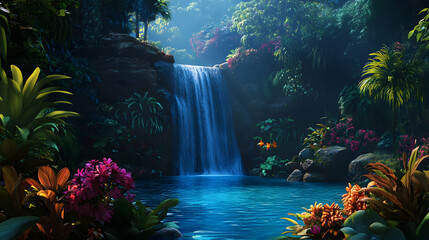 A Serene Tropical Jungle Waterfall Cascading Down into a Hidden Blue Lagoon Surrounded by Vibrant Nature