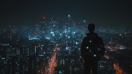 Abstract businessman stands on the peak of success Smart digital city with connection cyber security network reciprocity over the cityscape future wireless digital city and social media networking

