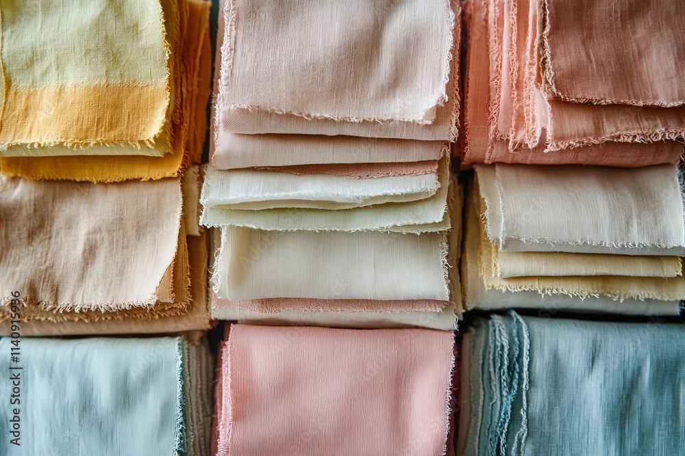 Fototapete A collection of neatly stacked pastel-colored fabrics displays an array of textures and hues, exemplifying craftsmanship and the warmth of handcrafted textiles.