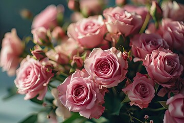 Obraz premium Bouquet of fresh pink roses flowers in the vase with gift box.