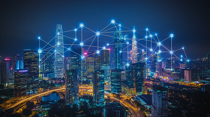 Naklejka premium Smart digital city with connection cyber security network reciprocity over the cityscape . future smart wireless digital city and social media networking systems that connects people within the city