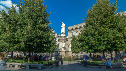 Monument to Leonardo da Vinci in Piazza della Scala meaning La Scala square timelapse hyperlapse in...