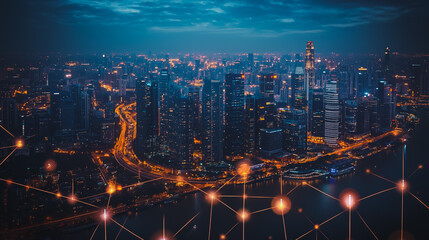 Smart digital city with connection cyber security network reciprocity over the cityscape . future smart wireless digital city and social media networking systems that connects people within the city