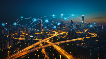 Fototapeta premium Smart digital city with connection cyber security network reciprocity over the cityscape . future smart wireless digital city and social media networking systems that connects people within the city