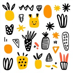 Contemporary seamless geometric pattern featuring hand-drawn squares, stripes, lines, dots, triangles, and zigzags.