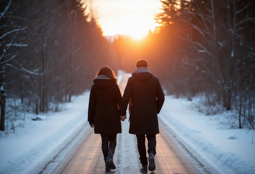 A man and a woman walking down a snow covered road.