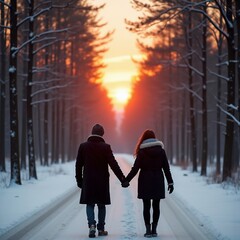 A man and a woman walking down a snow covered road.