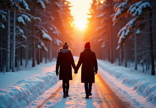 A man and a woman walking down a snow covered road.
