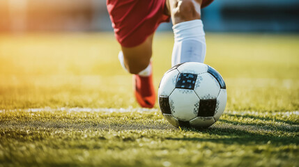 Fototapeta premium Dynamic Soccer Training: Fast Player Kicking the Ball at a Dramatic Stadium
