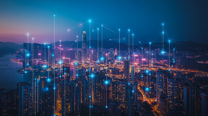 Fototapeta premium Smart digital city with connection cyber security network reciprocity over the cityscape . future smart wireless digital city and social media networking systems that connects people within the city
