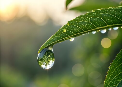 Close-up of a dewdrop on the tip of a green leaf, reflecting the surrounding nature in intricate detail. Perfect for concepts of purity, nature, and environmental beauty. - Powered by Adobe