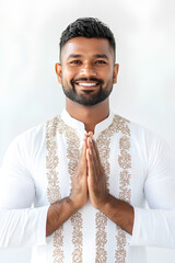 Smiling Man in Traditional White Sri Lankan Outfit with Hands in Namaste Gesture. Ayubowan