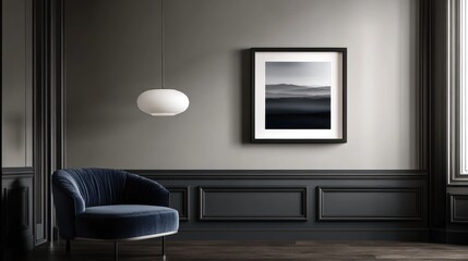 Fototapeta premium Serene Mountain Landscape in a Dark Modern Interior