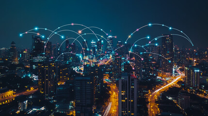 Obraz premium Smart digital city with connection cyber security network reciprocity over the cityscape . future smart wireless digital city and social media networking systems that connects people within the city