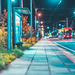Obraz premium Nighttime bus stop with illuminated surroundings and a passing bus.
