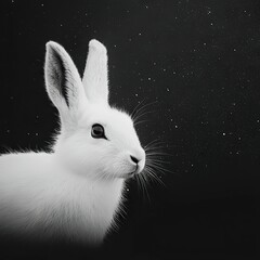   A monochromatic image depicts a rabbit's head against a black background, while faint celestial bodies are visible behind it