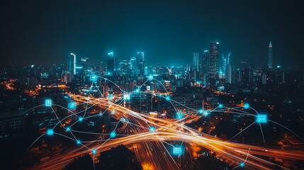 Fototapeta premium Smart digital city with connection cyber security network reciprocity over the cityscape . future smart wireless digital city and social media networking systems that connects people within the city