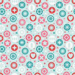 Christmas background in modern style. Colourful decorations with balls, stars and snowflakes. Seamless pattern. Vector illustration