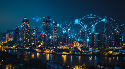 Fototapeta premium Smart digital city with connection cyber security network reciprocity over the cityscape . future smart wireless digital city and social media networking systems that connects people within the city