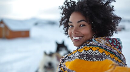 Smiling woman enjoying winter wonderland with huskies and cozy blanket
