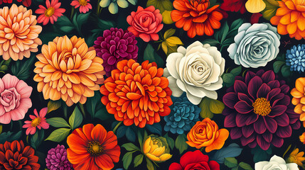 A vibrant floral pattern with dark background featuring roses, dahlias, and other blooms in rich colors. Floral. Illustration