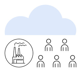 Factory emits smoke under a large cloud, with six people silhouettes below. Ideal for illustrating environmental pollution, community impact, industrialization, air quality, health issues, societal