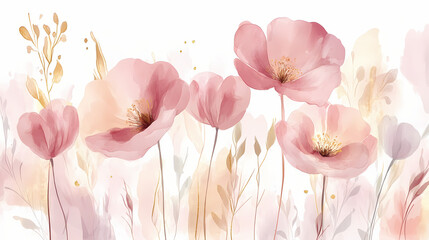 Abstract floral art background. botanical watercolour hand painted pastel pink and gold flowers on white background. ai generated. Floral. Illustration