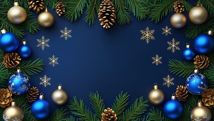 Christmas & New Year Banner: Blue Baubles, Golden Stars & Frosted Pines on Dark Background | Perfect for Holiday Designs & Invitations