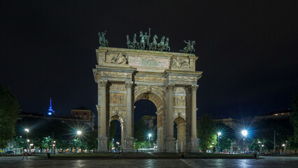 Arch of Peace in Simplon Square timelapse hyperlapse at night. It is a neoclassical triumph arch