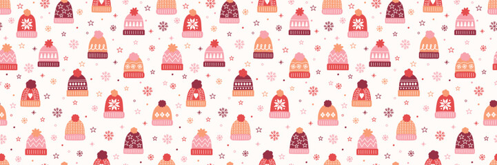 Colourful seamless pattern with winter hats in cartoon style. Banner. Vector illustration